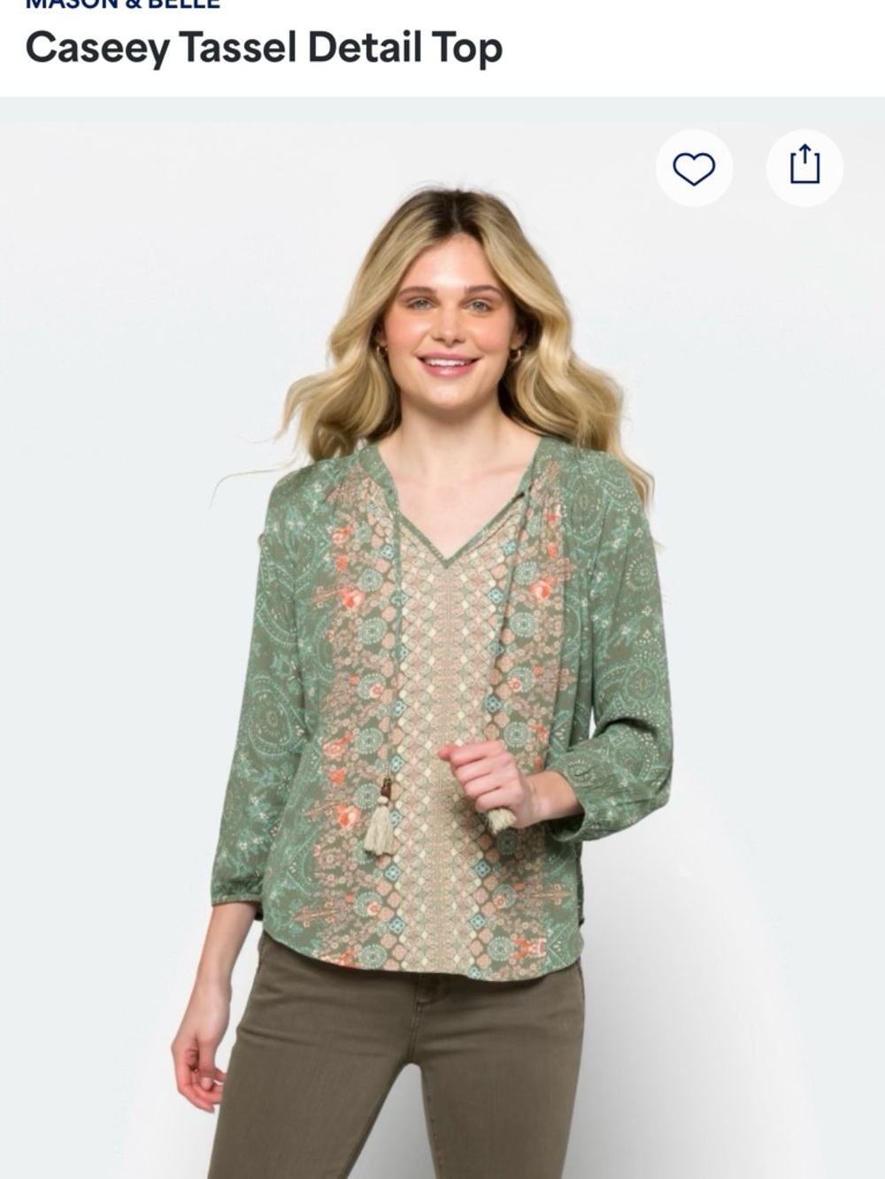 Women's Olive Green Printed V-Neck Long-Sleeve Blouse